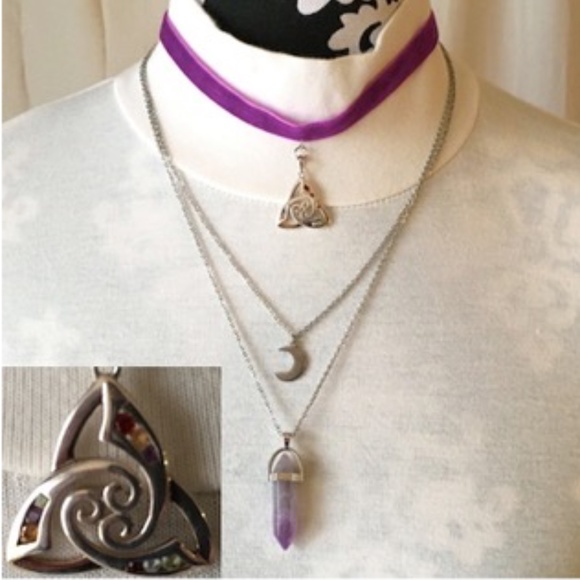Hand Crafted Jewelry - Celtic Triquetra Moon Amethyst Crystal 3 Layer Handmade Purple Velvet Choker